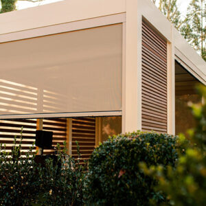 Beige R-Blade pergola with privacy walls and automated screens - Charlotte, NC