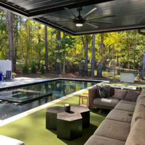 R-Blade black pool pergola in Charlotte, NC